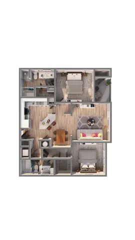 Contemporary 3D floor plan featuring two bedrooms, two bathrooms, open living area, and kitchen.