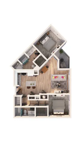 Elegant 3D floor plan showcasing two bedrooms, open-concept living area, and modern kitchen with balcony.