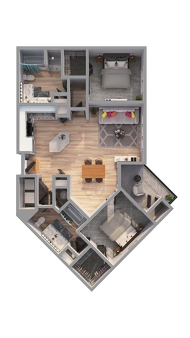 Elegant 3D floor plan showcasing an open-concept layout with two bedrooms, a modern kitchen, and a cozy living area.