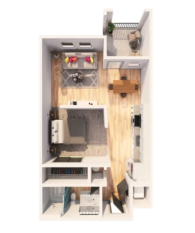 3D floor plan of a modern one-bedroom apartment with open living area, dining space, and balcony.