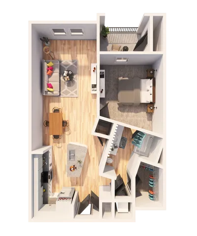 Modern floor plan layout featuring one bedroom, a stylish open-plan living and dining area, a sleek kitchen, and a cozy terrace.