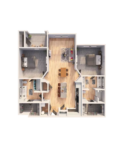 Intricate 3D floor plan featuring two bedrooms, a spacious living area, and a modern kitchen with island.
