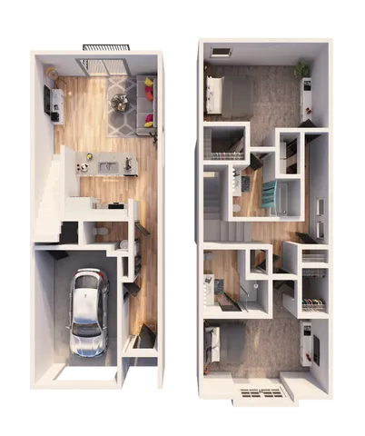 Elegant 3D floor plan showcasing a dual-level townhouse with garage, open-concept living area, and two bedrooms.