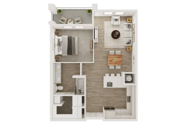 Charming 2D floor plan showcasing a one-bedroom apartment with an open living area and modern kitchen.
