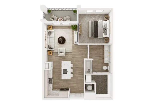 Aerial view of a one-bedroom apartment floor plan featuring a cozy living room, modern kitchen with an island, spacious bathroom, and private balcony.