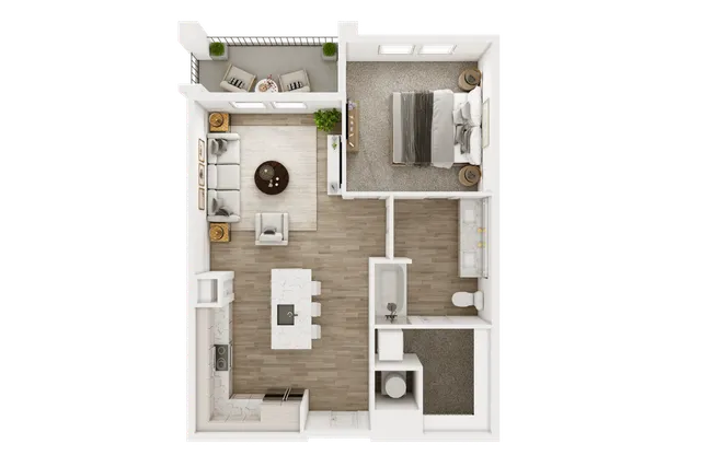 Sleek 2D floor plan showcasing 1 bedroom, modern kitchen, cozy living room, and an inviting balcony.