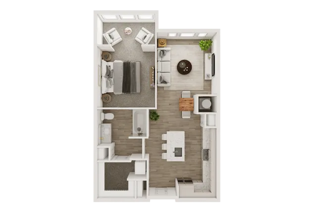 Contemporary 2D floor plan with one bedroom, open kitchen, living area, and bathroom.