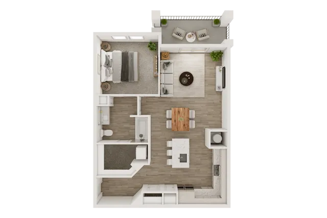 2D floor plan showcasing a sleek one-bedroom apartment with an open living area, modern kitchen, and cozy balcony.