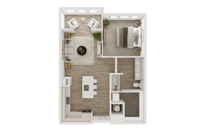 2D floor plan featuring one bedroom, an open living area, a modern kitchen, and a stylish bathroom.