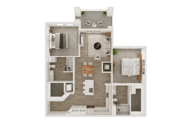 Detailed floor plan showcasing 2 bedrooms, an open kitchen, and a cozy living area with a balcony.