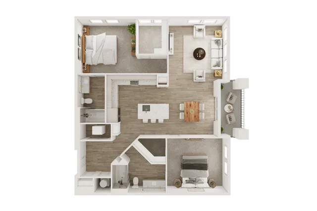 Detailed 2D floor plan with 2 bedrooms, open kitchen, dining area, and bright living space.