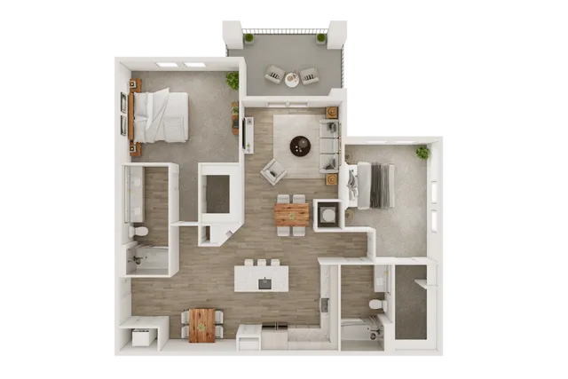 Chic 3D floor plan featuring two bedrooms, an open-concept living and dining area, and a modern kitchen.