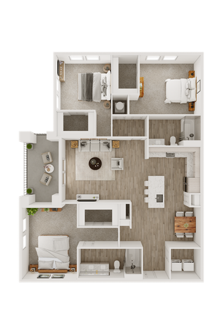 Elegant 3D floor plan showcasing three bedrooms, an open living area, and a modern kitchen with island seating.