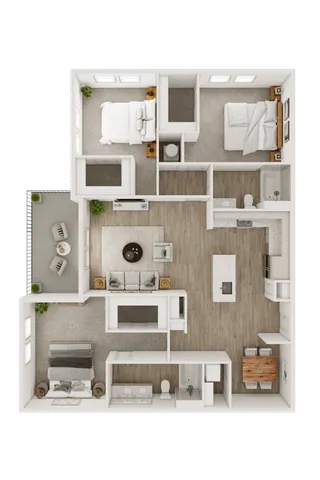 Spacious 2D floor plan with three bedrooms, an open living area, and a modern kitchen.