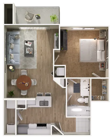 Contemporary floor plan illustrating a 1-bedroom apartment with open living space and modern kitchen.