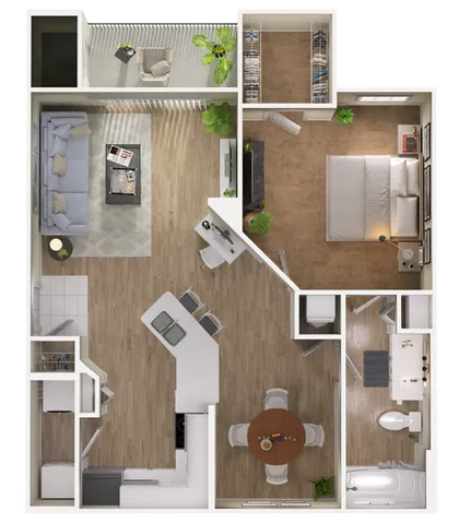 Chic floor plan displaying 1 bedroom, open kitchen, and a cozy living area with balcony.