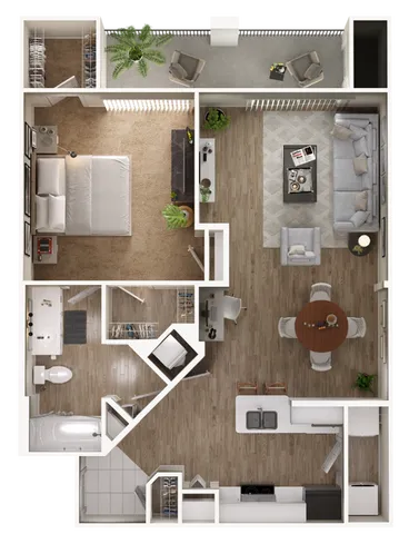 Contemporary floor plan showcasing a spacious bedroom, open-plan living area, and modern kitchen.
