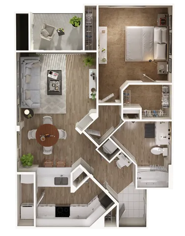 Modern 2D floor plan with 1 bedroom, open kitchen, dining area, and bright living room.