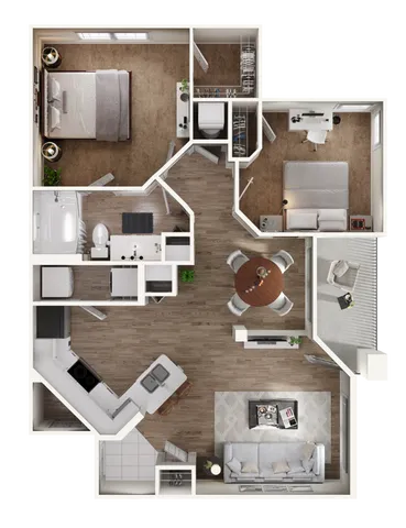 3D floor plan featuring 1 bedroom, home office, open-concept kitchen, and living room with dining area.