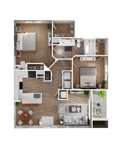 Sophisticated floor plan featuring 2 bedrooms, an open kitchen, a cozy living room, and a spacious bathroom.