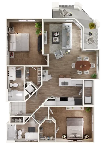 Stylish floor plan showcasing two bedrooms, spacious living and dining areas, modern kitchen, and balcony.