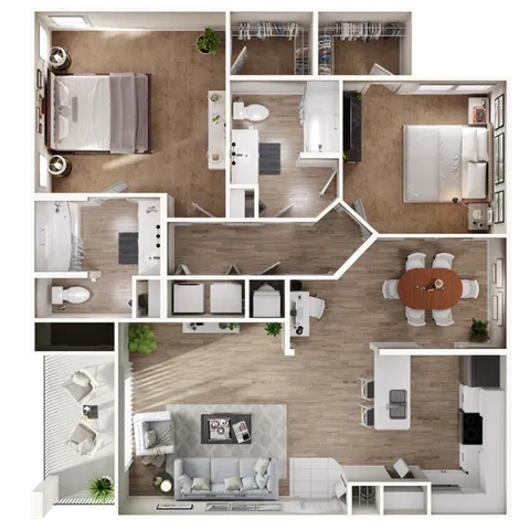 Sophisticated 2-bedroom apartment floor plan with an open living room, modern kitchen, and spacious dining area.