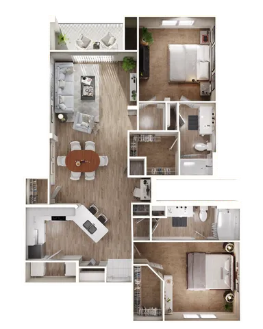 Contemporary 2D floor plan featuring 2 bedrooms, an open living and dining area, and a modern kitchen.