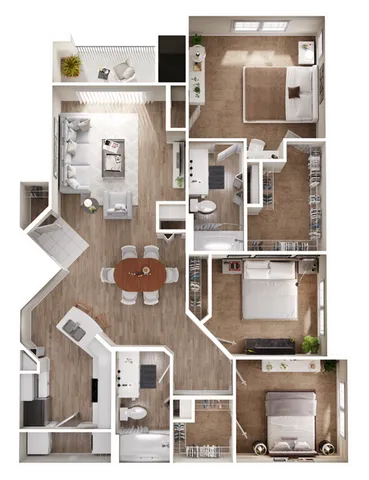 Elegant floor plan featuring 3 bedrooms, open living area, and a modern kitchen.