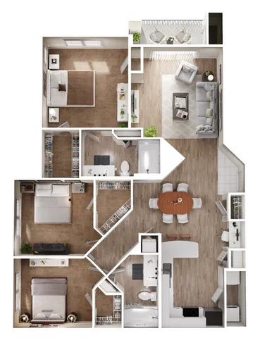 Innovative floor plan with 3 bedrooms, open living area, and modern kitchen with dining space.
