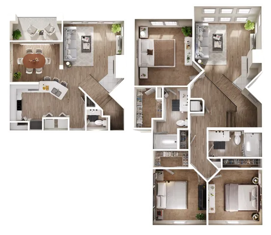 Luxurious 3D floor plan with two bedrooms, open living and dining area, and stylish kitchen.
