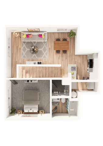 Inviting floor plan featuring an open-concept living room, dining area, sleek kitchen, spacious bedroom, and modern bathroom.