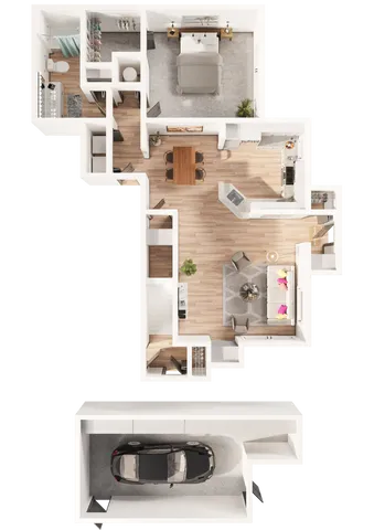 Contemporary 2-bedroom floor plan with open-concept living and attached garage.