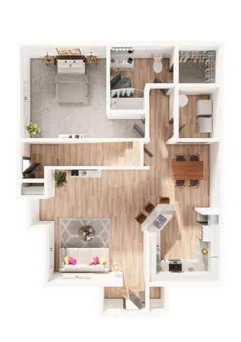 Contemporary floor plan featuring a master bedroom, an open living area, and a modern kitchen.