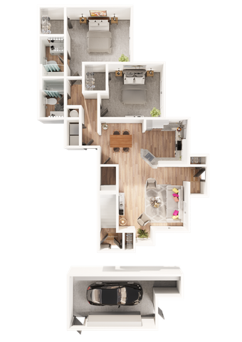 Elegant 3D floor plan featuring 2 bedrooms, an open-plan living and dining area, a modern kitchen, and a garage.