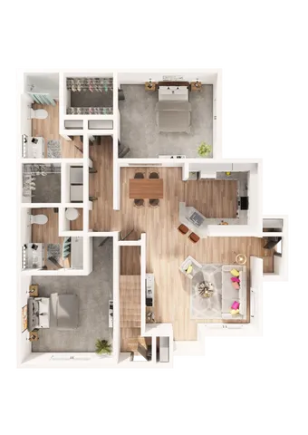 3D floor plan showcasing 2 bedrooms, a modern kitchen, and an open-concept living and dining area.