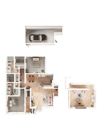 3D floor plan showcasing 2 bedrooms, open-plan living and dining area, modern kitchen with island, and attached garage.