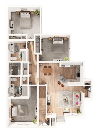 Elegant 3D floor plan featuring three bedrooms, a modern kitchen, and a cozy living area.