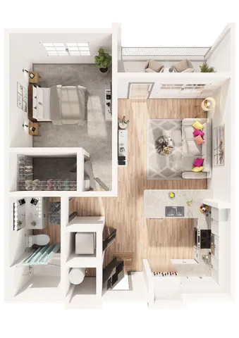 Contemporary open-layout apartment with a bedroom, living room, kitchen, and balcony.
