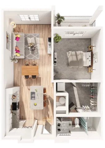 Modern floor plan showcasing 1 bedroom, a sleek kitchen, stylish living room, and a contemporary bathroom.