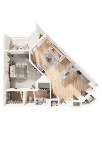 Stylish 3D floor plan featuring one bedroom with a cozy living area and an open kitchen layout.