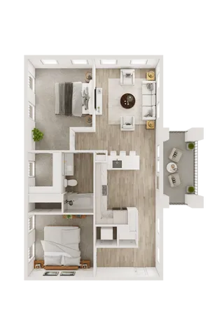 Chic floor plan featuring 2 bedrooms, a modern kitchen, and a cozy living area with a balcony.