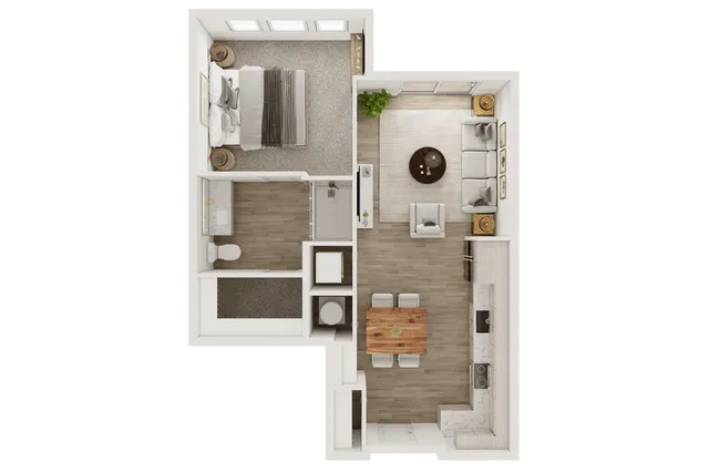 Sleek 2D floor plan with one bedroom, an open living area, modern kitchen, and bathroom.