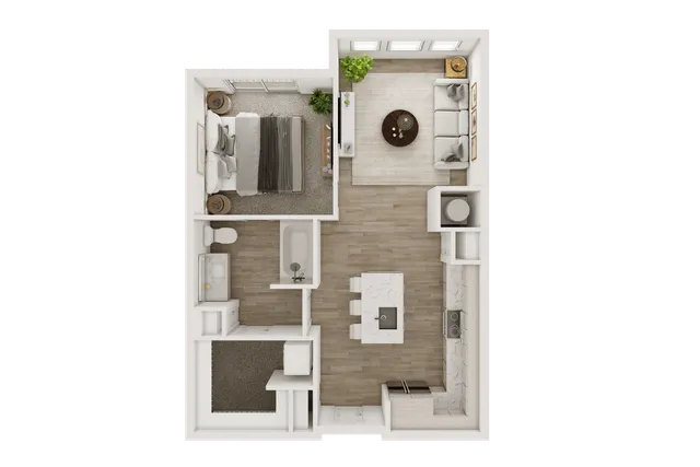 Detailed floor plan of a one-bedroom apartment with a modern kitchen and cozy living room.