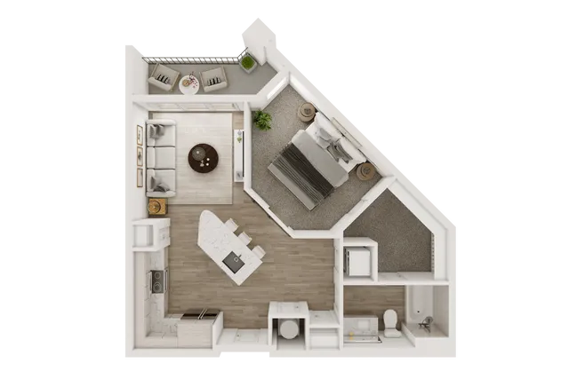 Chic 1-bedroom apartment floor plan featuring a modern living area, sleek kitchen, and private balcony.