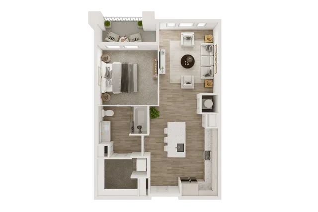 Stylish 2D floor plan showcasing a one-bedroom apartment with an open living area, modern kitchen, and balcony.
