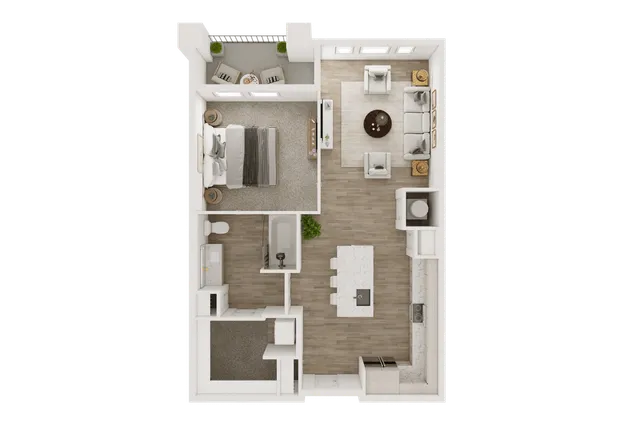 Contemporary floor plan with one bedroom, open living area, modern kitchen, and cozy balcony.