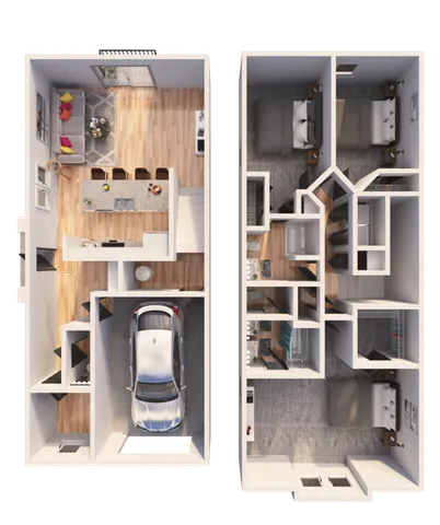 Modern two-story floor plan with three bedrooms, stylish open-plan living area, and a convenient garage.