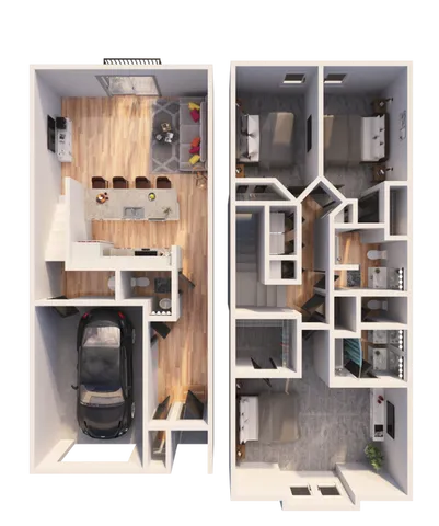 Modern 3D floor plan showcasing a stylish open-concept living area, sleek kitchen, and two cozy bedrooms, featuring a convenient garage and elegant hardwood floors.