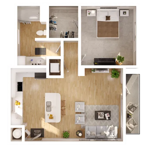Elegant apartment floor plan showcasing a cozy bedroom, open-concept living and dining area, modern kitchen with island, and spacious balcony.