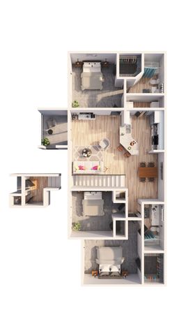 Modern 3-bedroom apartment floor plan showcasing open living space, stylish kitchen, and two elegant bathrooms with ample closet storage.